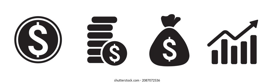 Finance icons. Business Icons, money signs. Money silhouette collection. Cards icon. Coins silhouette icon. Growth chart. Moneybag or stash. Piggy bank flat style - stock vector. Icon Vector.