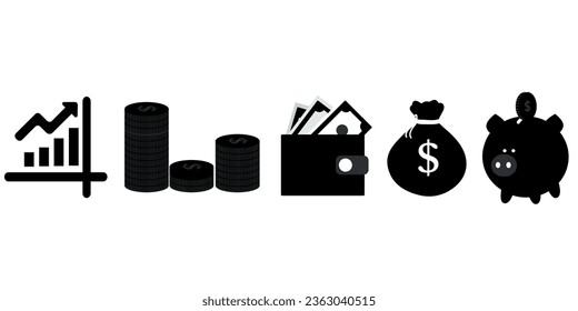 Finance icons. Business Icons, money signs. Money silhouette collection. Wallet with cards icon. Coins silhouette icon. Growth chart. Moneybag or stash. Piggy bank flat style. Stock vector