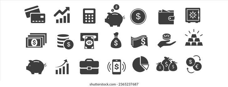 Finance icons. Business Icons, money signs. Wallet with cards icon. Growth chart. Moneybag or stash. Piggy bank flat style