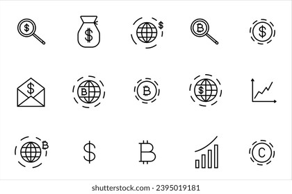 Finance icons. Business Icons, money signs. Money silhouette collection. Bitcoin. Coins silhouette icon.	