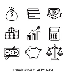 Finance icons. Business Icons, money signs. Money silhouette collection. Wallet with cards icon. Coins silhouette icon. Growth chart. Moneybag or stash. Piggy bank end other icons- stock vector.