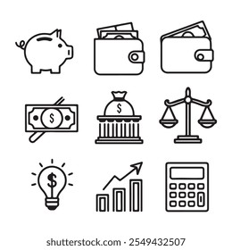 Finance icons. Business Icons, money signs. Money silhouette collection. Wallet with cards icon. Coins silhouette icon. Growth chart. Moneybag or stash. Piggy bank end other icons- stock vector.