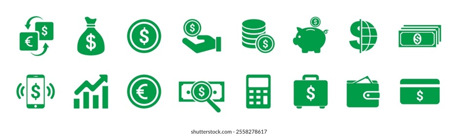 Finance icons. Business Icons, money signs. Moneybag or stash. Piggy bank flat style. Growth chart.