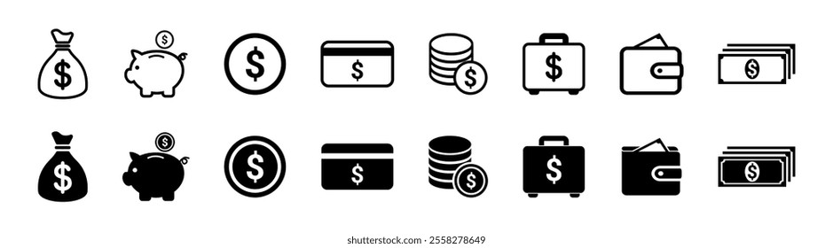 Finance icons. Business Icons, money signs. Moneybag or stash. Piggy bank flat style. Growth chart.