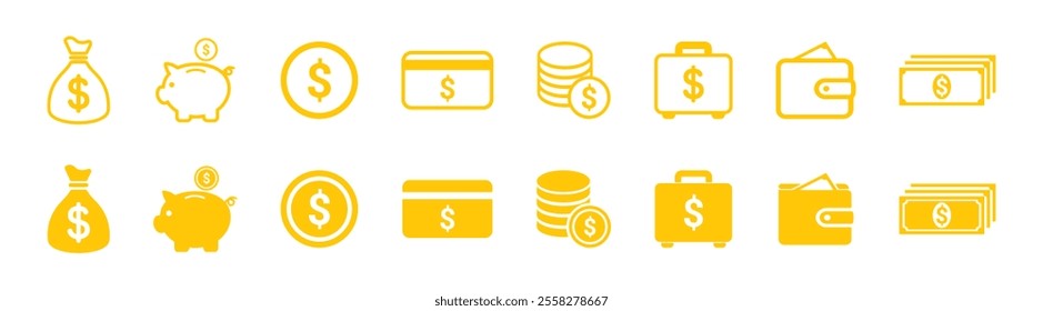 Finance icons. Business Icons, money signs. Moneybag or stash. Piggy bank flat style. Growth chart.