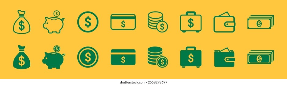 Finance icons. Business Icons, money signs. Moneybag or stash. Piggy bank flat style. Growth chart.