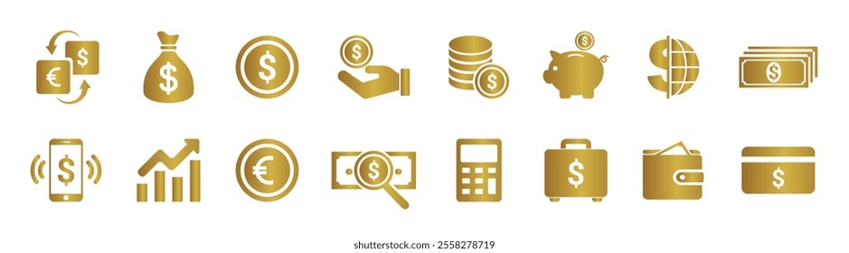 Finance icons. Business Icons, money signs. Moneybag or stash. Piggy bank flat style. Growth chart.