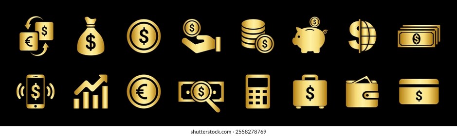 Finance icons. Business Icons, money signs. Moneybag or stash. Piggy bank flat style. Growth chart.