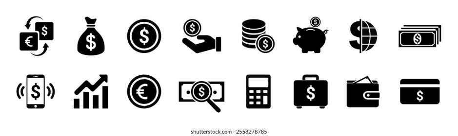 Finance icons. Business Icons, money signs. Moneybag or stash. Piggy bank flat style. Growth chart.