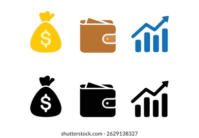 Finance icons. Business Icons, money signs. Money silhouette collection. Wallet with cards icon. Coins silhouette icon. Growth chart. Moneybag or stash
