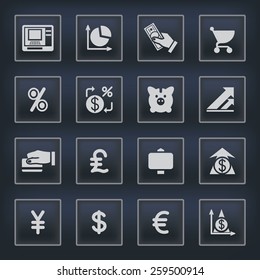 Finance icons with buttons on black background.