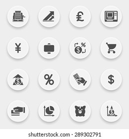 Finance icons with buttons on gray background.