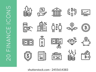 Iconos financieros. Una colección de 20 íconos simplificados y modernos que representan conceptos clave en finanzas e inversión. Algunos ejemplos son el crecimiento de las ganancias, la tasa de interés y la creación de bancos. Ilustración vectorial