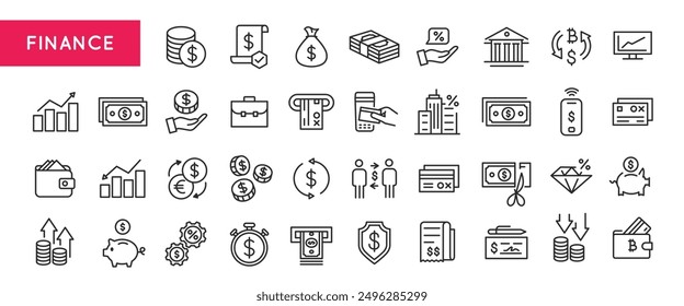 Finance Icons. A collection of 20 streamlined and modern icons representing key concepts in finance and investment. Examples include Profit Growth, Interest Rate, Bank Building. Vector illustration