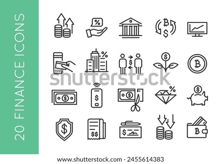 Finance Icons. A collection of 20 streamlined and modern icons representing key concepts in finance and investment. Examples include Profit Growth, Interest Rate, Bank Building. Vector illustration
