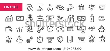 Finance Icons. A collection of 20 streamlined and modern icons representing key concepts in finance and investment. Examples include Profit Growth, Interest Rate, Bank Building. Vector illustration