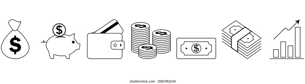 Finance Icons Collection. Business icons, money symbols. Money silhouette collection. Wallet with cards icon. Coins silhouette icon. Growth chart. Money bag, money pile, piggy bank. Editable Stroke