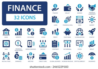 Finance icons collection. Financial monitoring and accounting. Cash, profit, budget, earning money, ATM. Simple flat vector icon.