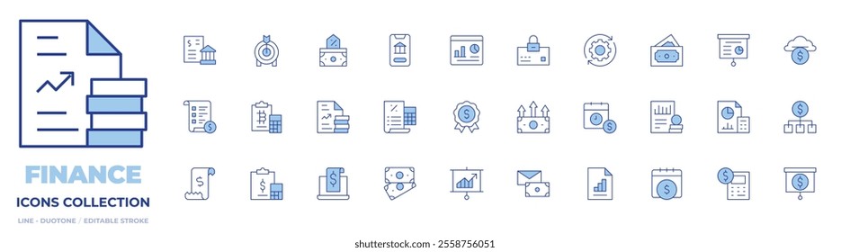 Finance icons collection. Line Duotone style, editable stroke. profits, price list, money, presentation, report, taxes, invoice, graph, finance, payday, document, check, badge.