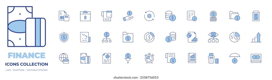 Finance icons collection. Line Duotone style, editable stroke. money, shield, worldwide, analytics, pie chart, analysis, business and finance, budget, dollar, newspaper, finance.