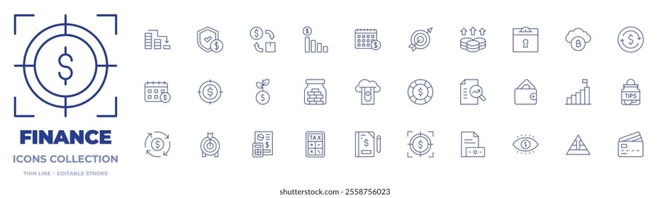 Finance icons collection. Thin Line icons, editable stroke. calendar, cash flow, cloud, goal, graphic, guarantee, help, investment, recession, saving money, target.