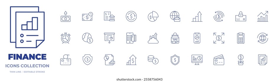 Finance icons collection. Thin Line icons, editable stroke. analytics, banking, bar chart, business and finance, credit card, exchange rate, line graph, money, pie chart, time is money, tips, world.