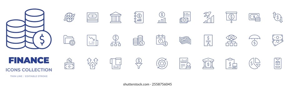 Finance icons collection. Thin Line icons, editable stroke. advancement, bank, budget, coins, consultant, economy, finance, finance book, globe, money, newspaper, notes, payday.