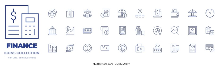 Finance icons collection. Thin Line icons, editable stroke. allocation, bank, business and finance, corporation, cost, edc, financial profit, investment, money, tax.