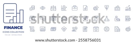 Finance icons collection. Thin Line icons, editable stroke. calendar, career, check, graph, grow, money, profits, rate, report, salary, subsidy, transaction, vision.