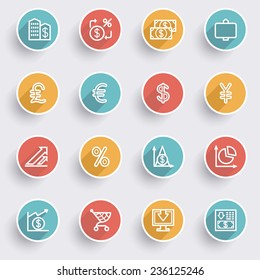 Finance icons with color buttons on gray background.