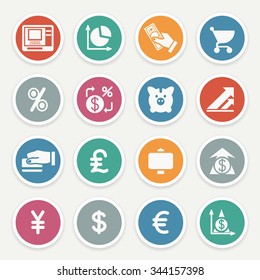 Finance icons with color buttons on gray background.