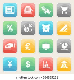 Finance icons with color buttons on gray background.