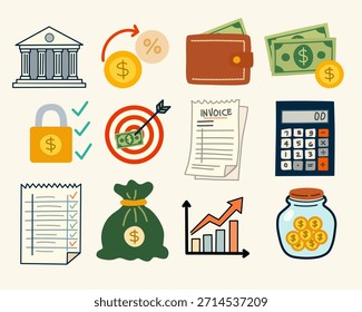 Iconos de finanzas en estilo plano acogedor para presupuestos, banca y administración de dinero. Perfecto para App de finanzas, paneles, Sitios web, presentaciones e ilustraciones de negocios.
