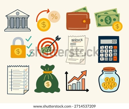 Finance icons in cozy flat style for budgeting, banking, and money management. Perfect for finance apps, dashboards, websites, presentations, and business illustrations.