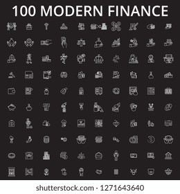Finance icons editable line icons vector set on black background. Finance icons white outline illustrations, signs, symbols