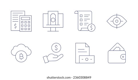 Iconos financieros. trazo editable. Con calculadora, nube, financiamiento, ingresos, lista de precios, salario, visión, cartera.