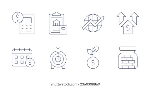 Iconos financieros. trazo editable. Conteniendo presupuesto, calendario, finanzas, globo, meta, inversión, beneficio, ahorro de dinero.