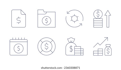 Iconos financieros. trazo editable. Con presupuesto, calendario, moneda, finanzas, equipo, inversión, beneficios, salario.