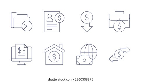 Finance icons. editable stroke. Containing analytics, billing, credit, family, low price, money, stock, transaction.