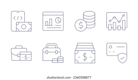 Finance icons. editable stroke. Containing app development, briefcase, dashboard, finance, money, strategy, transaction.