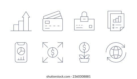 Finance icons. editable stroke. Containing analytics, bar chart, credit card, expand, lock, money, statistics, trade.