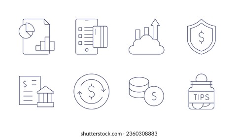 Finance icons. editable stroke. Containing analytics, banking, credit card, exchange rate, line graph, money, shield, tips.