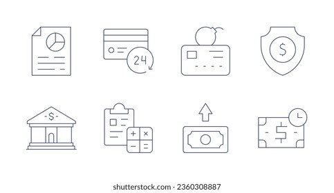 Finance icons. editable stroke. Containing analysis, bank, credit card, estimation, liability, money, shield, time is money.