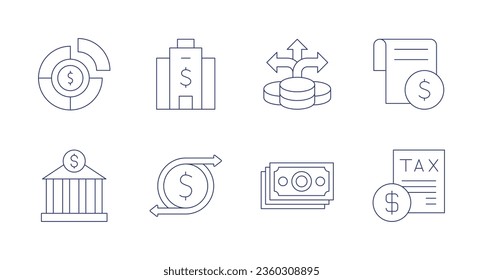 Finance icons. editable stroke. Containing allocation, bank, corporation, economy, investment, money, tax.