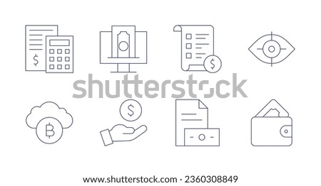Finance icons. editable stroke. Containing calculator, cloud, funding, income, price list, salary, vision, wallet.