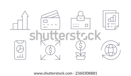 Finance icons. editable stroke. Containing analytics, bar chart, credit card, expand, lock, money, statistics, trade.