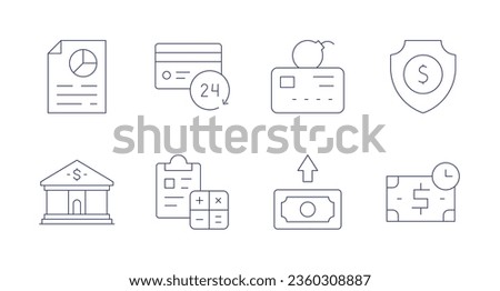 Finance icons. editable stroke. Containing analysis, bank, credit card, estimation, liability, money, shield, time is money.