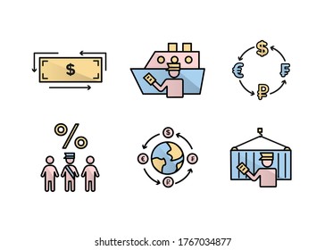 Finance Icons. Financial Services Icons Set. Icons Customs Broker, Currency Exchange. A Silhouette Of A Man In The Form Of A Customs Broker With A Document In Hand Near A Cargo Container On A Hook