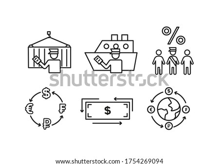 Finance icons. Financial services icons set. Icons customs broker, currency exchange. A silhouette of a man in the form of a customs broker with a document in hand near a cargo container on a hook