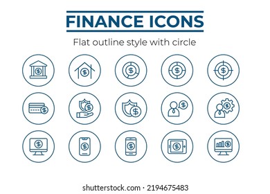 Finance icons flat outline style with circle